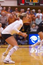 UT sophomore Heather Kisner (#19, DS) waits for the ball.  The Longhorns defeated the Huskers 3-0 on Wednesday night, October 24, 2007 at Gregory Gym.

Filename: SRM_20071024_1837448.jpg
Aperture: f/3.2
Shutter Speed: 1/400
Body: Canon EOS-1D Mark II
Lens: Canon EF 80-200mm f/2.8 L