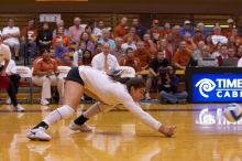 UT freshman Juliann Faucette (#1, OH) stretches out for the dig.  The Longhorns defeated the Huskers 3-0 on Wednesday night, October 24, 2007 at Gregory Gym.

Filename: SRM_20071024_1838546.jpg
Aperture: f/4.0
Shutter Speed: 1/400
Body: Canon EOS-1D Mark II
Lens: Canon EF 80-200mm f/2.8 L