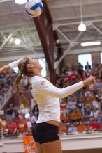 UT sophomore Ashley Engle (#10, S/RS) serves to the Huskers.  The Longhorns defeated the Huskers 3-0 on Wednesday night, October 24, 2007 at Gregory Gym.

Filename: SRM_20071024_1840426.jpg
Aperture: f/4.0
Shutter Speed: 1/400
Body: Canon EOS-1D Mark II
Lens: Canon EF 80-200mm f/2.8 L