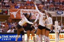 UT sophomore Ashley Engle (#10, S/RS), UT sophomore Destinee Hooker (#21, OH), UT senior Michelle Moriarty (#4, S), UT junior Lauren Paolini (#3, UTIL), and UT senior Alyson Jennings (#16, L) celebrate after a point.  The Longhorns defeated the Huskers 3-0

Filename: SRM_20071024_1842185.jpg
Aperture: f/4.0
Shutter Speed: 1/400
Body: Canon EOS-1D Mark II
Lens: Canon EF 80-200mm f/2.8 L