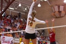 UT sophomore Ashley Engle (#10, S/RS) hits the ball as Nebraska junior Jordan Larson (#10, OH) attempts to block it.  The Longhorns defeated the Huskers 3-0 on Wednesday night, October 24, 2007 at Gregory Gym.

Filename: SRM_20071024_1843227.jpg
Aperture: f/4.0
Shutter Speed: 1/400
Body: Canon EOS-1D Mark II
Lens: Canon EF 80-200mm f/2.8 L