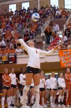 UT senior Michelle Moriarty (#4, S) serves as teammates UT junior Lauren Paolini (#3, UTIL), UT sophomore Destinee Hooker (#21, OH), UT freshman Chelsey Klein (#9, DS), UT freshman Alexandra Lewis (#12, DS), and UT junior Kiley Hall (#11, DS/L) watch from

Filename: SRM_20071024_1844122.jpg
Aperture: f/4.0
Shutter Speed: 1/400
Body: Canon EOS-1D Mark II
Lens: Canon EF 80-200mm f/2.8 L