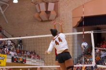 UT senior Brandy Magee (#44, MB) spikes the ball as a Nebraska player attempts to block it.  The Longhorns defeated the Huskers 3-0 on Wednesday night, October 24, 2007 at Gregory Gym.

Filename: SRM_20071024_1844403.jpg
Aperture: f/4.0
Shutter Speed: 1/400
Body: Canon EOS-1D Mark II
Lens: Canon EF 80-200mm f/2.8 L