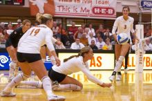 UT sophomore Ashley Engle (#10, S/RS) hits the ball as UT senior Alyson Jennings (#16, L), UT sophomore Heather Kisner (#19, DS), and UT junior Lauren Paolini (#3, UTIL) watch.  The Longhorns defeated the Huskers 3-0 on Wednesday night, October 24, 2007 at

Filename: SRM_20071024_1852061.jpg
Aperture: f/4.0
Shutter Speed: 1/400
Body: Canon EOS-1D Mark II
Lens: Canon EF 80-200mm f/2.8 L