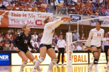 UT sophomore Heather Kisner (#19, DS) bumps the ball as UT senior Alyson Jennings (#16, L) and UT senior Brandy Magee (#44, MB) watch.  The Longhorns defeated the Huskers 3-0 on Wednesday night, October 24, 2007 at Gregory Gym.

Filename: SRM_20071024_1855102.jpg
Aperture: f/3.5
Shutter Speed: 1/320
Body: Canon EOS-1D Mark II
Lens: Canon EF 80-200mm f/2.8 L