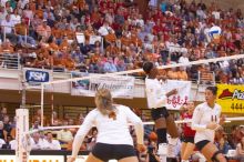 The Longhorns defeated the Huskers 3-0 on Wednesday night, October 24, 2007 at Gregory Gym.

Filename: SRM_20071024_1900207.jpg
Aperture: f/4.0
Shutter Speed: 1/200
Body: Canon EOS-1D Mark II
Lens: Canon EF 80-200mm f/2.8 L