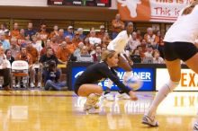 UT senior Alyson Jennings (#16, L) bumps the ball as UT sophomore Destinee Hooker (#21, OH) and UT sophomore Ashley Engle (#10, S/RS) watch.  The Longhorns defeated the Huskers 3-0 on Wednesday night, October 24, 2007 at Gregory Gym.

Filename: SRM_20071024_1900323.jpg
Aperture: f/4.0
Shutter Speed: 1/200
Body: Canon EOS-1D Mark II
Lens: Canon EF 80-200mm f/2.8 L