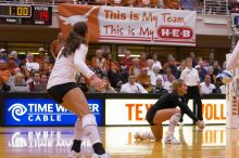 UT senior Alyson Jennings (#16, L) waits for the ball as UT freshman Juliann Faucette (#1, OH) watches.  The Longhorns defeated the Huskers 3-0 on Wednesday night, October 24, 2007 at Gregory Gym.

Filename: SRM_20071024_1901487.jpg
Aperture: f/4.0
Shutter Speed: 1/400
Body: Canon EOS-1D Mark II
Lens: Canon EF 80-200mm f/2.8 L