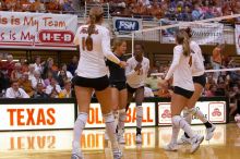 UT sophomore Ashley Engle (#10, S/RS), UT senior Alyson Jennings (#16, L), UT sophomore Destinee Hooker (#21, OH), UT senior Michelle Moriarty (#4, S) and UT freshman Juliann Faucette (#1, OH) celebrate after a point.  The Longhorns defeated the Huskers 3-

Filename: SRM_20071024_1902344.jpg
Aperture: f/4.0
Shutter Speed: 1/400
Body: Canon EOS-1D Mark II
Lens: Canon EF 80-200mm f/2.8 L