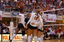 UT sophomore Ashley Engle (#10, S/RS), UT senior Alyson Jennings (#16, L), UT sophomore Destinee Hooker (#21, OH), UT senior Michelle Moriarty (#4, S) and UT freshman Juliann Faucette (#1, OH) celebrate after a point.  The Longhorns defeated the Huskers 3-

Filename: SRM_20071024_1903005.jpg
Aperture: f/4.0
Shutter Speed: 1/400
Body: Canon EOS-1D Mark II
Lens: Canon EF 80-200mm f/2.8 L