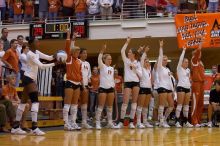 UT sophomore Destinee Hooker (#21, OH) serves the ball as teammates UT senior Brandy Magee (#44, MB), UT sophomore Heather Kisner (#19, DS), UT freshman Jennifer Doris (#8, UTIL), UT freshman Chelsey Klein (#9, DS), UT freshman Alexandra Lewis (#12, DS) an

Filename: SRM_20071024_1903167.jpg
Aperture: f/4.0
Shutter Speed: 1/400
Body: Canon EOS-1D Mark II
Lens: Canon EF 80-200mm f/2.8 L