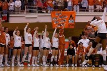 UT sophomore Destinee Hooker (#21, OH) serves the ball as teammates UT senior Brandy Magee (#44, MB), UT sophomore Heather Kisner (#19, DS), UT freshman Jennifer Doris (#8, UTIL), UT freshman Chelsey Klein (#9, DS), UT freshman Alexandra Lewis (#12, DS) an

Filename: SRM_20071024_1903220.jpg
Aperture: f/4.0
Shutter Speed: 1/400
Body: Canon EOS-1D Mark II
Lens: Canon EF 80-200mm f/2.8 L