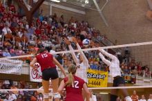UT senior Brandy Magee (#44, MB) and UT sophomore Destinee Hooker (#21, OH) attempt to block a spike from Nebraska sophomore Kori Cooper (#15, MB) as Nebraska sophomore Rachel Holloway (#12, S) watches.  The Longhorns defeated the Huskers 3-0 on Wednesday

Filename: SRM_20071024_1910149.jpg
Aperture: f/4.0
Shutter Speed: 1/400
Body: Canon EOS-1D Mark II
Lens: Canon EF 80-200mm f/2.8 L