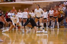 UT senior Alyson Jennings (#16, L) waits for the ball as UT sophomore Ashley Engle (#10, S/RS) and UT freshman Juliann Faucette (#1, OH) watch.  The Longhorns defeated the Huskers 3-0 on Wednesday night, October 24, 2007 at Gregory Gym.

Filename: SRM_20071024_1910523.jpg
Aperture: f/4.0
Shutter Speed: 1/400
Body: Canon EOS-1D Mark II
Lens: Canon EF 80-200mm f/2.8 L