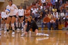UT senior Alyson Jennings (#16, L) waits for the ball as UT freshman Juliann Faucette (#1, OH) watches, with UT freshman Chelsey Klein (#9, DS) and UT junior Lauren Paolini (#3, UTIL) watching from the sideline.  The Longhorns defeated the Huskers 3-0 on W

Filename: SRM_20071024_1913026.jpg
Aperture: f/4.0
Shutter Speed: 1/400
Body: Canon EOS-1D Mark II
Lens: Canon EF 80-200mm f/2.8 L