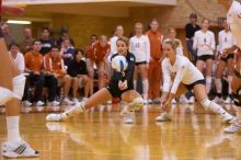 UT senior Alyson Jennings (#16, L) hits the ball as UT sophomore Heather Kisner (#19, DS) watches.  The Longhorns defeated the Huskers 3-0 on Wednesday night, October 24, 2007 at Gregory Gym.

Filename: SRM_20071024_1917289.jpg
Aperture: f/3.5
Shutter Speed: 1/400
Body: Canon EOS-1D Mark II
Lens: Canon EF 80-200mm f/2.8 L
