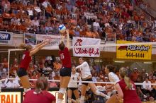 The Longhorns defeated the Huskers 3-0 on Wednesday night, October 24, 2007 at Gregory Gym.

Filename: SRM_20071024_1924480.jpg
Aperture: f/4.0
Shutter Speed: 1/400
Body: Canon EOS-1D Mark II
Lens: Canon EF 80-200mm f/2.8 L