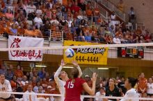 UT senior Michelle Moriarty (#4, S) sets the ball for UT sophomore Ashley Engle (#10, S/RS) as UT senior Alyson Jennings (#16, L), UT senior Brandy Magee (#44, MB) and Nebraska sophomore Kori Cooper (#15, MB) watch.  The Longhorns defeated the Huskers 3-0

Filename: SRM_20071024_1928081.jpg
Aperture: f/4.0
Shutter Speed: 1/400
Body: Canon EOS-1D Mark II
Lens: Canon EF 80-200mm f/2.8 L