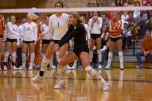 UT senior Alyson Jennings (#16, L) bumps the ball as UT freshman Juliann Faucette (#1, OH) watches.  The Longhorns defeated the Huskers 3-0 on Wednesday night, October 24, 2007 at Gregory Gym.

Filename: SRM_20071024_1928447.jpg
Aperture: f/4.0
Shutter Speed: 1/400
Body: Canon EOS-1D Mark II
Lens: Canon EF 80-200mm f/2.8 L