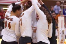 UT senior Brandy Magee (#44, MB), UT junior Lauren Paolini (#3, UTIL), UT sophomore Ashley Engle (#10, S/RS), UT freshman Juliann Faucette (#1, OH) and UT senior Alyson Jennings (#16, L) prepare for the third game.  The Longhorns defeated the Huskers 3-0 o

Filename: SRM_20071024_1948288.jpg
Aperture: f/4.0
Shutter Speed: 1/320
Body: Canon EOS-1D Mark II
Lens: Canon EF 80-200mm f/2.8 L