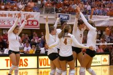 UT freshman Juliann Faucette (#1, OH), UT junior Kiley Hall (#11, DS/L), UT sophomore Destinee Hooker (#21, OH), UT senior Michelle Moriarty (#4, S), UT junior Lauren Paolini (#3, UTIL) and UT sophomore Ashley Engle (#10, S/RS) celebrate after a point.  Th

Filename: SRM_20071024_1951463.jpg
Aperture: f/4.0
Shutter Speed: 1/400
Body: Canon EOS-1D Mark II
Lens: Canon EF 80-200mm f/2.8 L