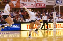 UT junior Kiley Hall (#11, DS/L) and UT freshman Juliann Faucette (#1, OH) are ecstatic after a point.  The Longhorns defeated the Huskers 3-0 on Wednesday night, October 24, 2007 at Gregory Gym.

Filename: SRM_20071024_1954467.jpg
Aperture: f/4.0
Shutter Speed: 1/400
Body: Canon EOS-1D Mark II
Lens: Canon EF 80-200mm f/2.8 L