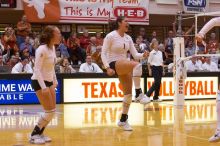 UT junior Kiley Hall (#11, DS/L) and UT freshman Juliann Faucette (#1, OH) are ecstatic after a point.  The Longhorns defeated the Huskers 3-0 on Wednesday night, October 24, 2007 at Gregory Gym.

Filename: SRM_20071024_1954500.jpg
Aperture: f/4.0
Shutter Speed: 1/400
Body: Canon EOS-1D Mark II
Lens: Canon EF 80-200mm f/2.8 L