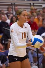 UT sophomore Ashley Engle (#10, S/RS) holds the ball, ready to serve.  The Longhorns defeated the Huskers 3-0 on Wednesday night, October 24, 2007 at Gregory Gym.

Filename: SRM_20071024_1956467.jpg
Aperture: f/4.0
Shutter Speed: 1/400
Body: Canon EOS-1D Mark II
Lens: Canon EF 80-200mm f/2.8 L