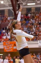 UT sophomore Ashley Engle (#10, S/RS) serves.  The Longhorns defeated the Huskers 3-0 on Wednesday night, October 24, 2007 at Gregory Gym.

Filename: SRM_20071024_1956500.jpg
Aperture: f/4.0
Shutter Speed: 1/400
Body: Canon EOS-1D Mark II
Lens: Canon EF 80-200mm f/2.8 L