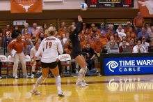 UT senior Alyson Jennings (#16, L) sets the ball as UT sophomore Heather Kisner (#19, DS) watches.  The Longhorns defeated the Huskers 3-0 on Wednesday night, October 24, 2007 at Gregory Gym.

Filename: SRM_20071024_1959300.jpg
Aperture: f/4.0
Shutter Speed: 1/400
Body: Canon EOS-1D Mark II
Lens: Canon EF 80-200mm f/2.8 L
