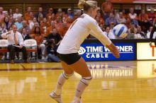 UT sophomore Heather Kisner (#19, DS) bumps the ball.  The Longhorns defeated the Huskers 3-0 on Wednesday night, October 24, 2007 at Gregory Gym.

Filename: SRM_20071024_2000044.jpg
Aperture: f/4.0
Shutter Speed: 1/400
Body: Canon EOS-1D Mark II
Lens: Canon EF 80-200mm f/2.8 L