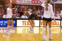 UT senior Alyson Jennings (#16, L), UT sophomore Heather Kisner (#19, DS) and UT sophomore Ashley Engle (#10, S/RS) celebrate after a point.  The Longhorns defeated the Huskers 3-0 on Wednesday night, October 24, 2007 at Gregory Gym.

Filename: SRM_20071024_2002344.jpg
Aperture: f/4.0
Shutter Speed: 1/320
Body: Canon EOS-1D Mark II
Lens: Canon EF 80-200mm f/2.8 L