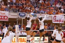 UT freshman Juliann Faucette (#1, OH) and UT senior Brandy Magee (#44, MB) attempt to block a hit by Nebraska senior Tracy Stalls (#11, MB) as UT sophomore Ashley Engle (#10, S/RS) and UT senior Michelle Moriarty (#4, S) watch.  The Longhorns defeated the

Filename: SRM_20071024_2002547.jpg
Aperture: f/4.0
Shutter Speed: 1/320
Body: Canon EOS-1D Mark II
Lens: Canon EF 80-200mm f/2.8 L