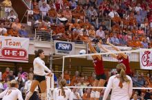 UT freshman Juliann Faucette (#1, OH) hits the ball past blockers Nebraska senior Sarah Pavan (#9, RS) and Nebraska sophomore Kori Cooper (#15, MB) as UT sophomore Heather Kisner (#19, DS), UT sophomore Ashley Engle (#10, S/RS) and UT senior Michelle Moria

Filename: SRM_20071024_2004464.jpg
Aperture: f/4.0
Shutter Speed: 1/320
Body: Canon EOS-1D Mark II
Lens: Canon EF 80-200mm f/2.8 L