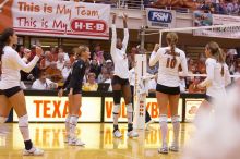 UT freshman Juliann Faucette (#1, OH), UT senior Alyson Jennings (#16, L), UT sophomore Destinee Hooker (#21, OH), UT sophomore Ashley Engle (#10, S/RS) and UT senior Michelle Moriarty (#4, S) celebrate after a point.  The Longhorns defeated the Huskers 3-

Filename: SRM_20071024_2007085.jpg
Aperture: f/4.0
Shutter Speed: 1/320
Body: Canon EOS-1D Mark II
Lens: Canon EF 80-200mm f/2.8 L