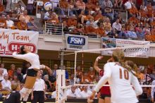 UT freshman Juliann Faucette (#1, OH) spikes the ball as UT sophomore Ashley Engle (#10, S/RS) and UT senior Alyson Jennings (#16, L) watch.  The Longhorns defeated the Huskers 3-0 on Wednesday night, October 24, 2007 at Gregory Gym.

Filename: SRM_20071024_2009366.jpg
Aperture: f/4.0
Shutter Speed: 1/320
Body: Canon EOS-1D Mark II
Lens: Canon EF 80-200mm f/2.8 L