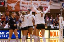 UT senior Alyson Jennings (#16, L), UT sophomore Heather Kisner (#19, DS), UT senior Brandy Magee (#44, MB), UT sophomore Ashley Engle (#10, S/RS) and UT freshman Jennifer Doris (#8, UTIL) celebrate after a point.  The Longhorns defeated the Huskers 3-0 on

Filename: SRM_20071024_2010527.jpg
Aperture: f/4.0
Shutter Speed: 1/400
Body: Canon EOS-1D Mark II
Lens: Canon EF 80-200mm f/2.8 L