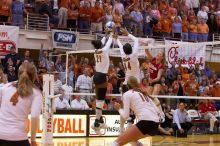 UT sophomore Destinee Hooker (#21, OH) and UT senior Brandy Magee (#44, MB) block a hit by Nebraska junior Jordan Larson (#10, OH) as UT senior Michelle Moriarty (#4, S) and UT sophomore Ashley Engle (#10, S/RS) watch.  The Longhorns defeated the Huskers 3

Filename: SRM_20071024_2013049.jpg
Aperture: f/4.0
Shutter Speed: 1/400
Body: Canon EOS-1D Mark II
Lens: Canon EF 80-200mm f/2.8 L