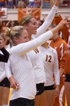 UT sophomore Heather Kisner (#19, DS), UT sophomore Ashley Engle (#10, S/RS) and UT freshman Alexandra Lewis (#12, DS) celebrate their win over Nebraska.  The Longhorns defeated the Huskers 3-0 on Wednesday night, October 24, 2007 at Gregory Gym.

Filename: SRM_20071024_2015007.jpg
Aperture: f/4.0
Shutter Speed: 1/250
Body: Canon EOS-1D Mark II
Lens: Canon EF 80-200mm f/2.8 L