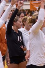 UT senior Alyson Jennings (#16, L).  The Longhorns defeated the Huskers 3-0 on Wednesday night, October 24, 2007 at Gregory Gym.

Filename: SRM_20071024_2015069.jpg
Aperture: f/4.0
Shutter Speed: 1/250
Body: Canon EOS-1D Mark II
Lens: Canon EF 80-200mm f/2.8 L