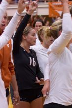 UT senior Alyson Jennings (#16, L).  The Longhorns defeated the Huskers 3-0 on Wednesday night, October 24, 2007 at Gregory Gym.

Filename: SRM_20071024_2015080.jpg
Aperture: f/4.0
Shutter Speed: 1/250
Body: Canon EOS-1D Mark II
Lens: Canon EF 80-200mm f/2.8 L
