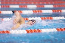 UT sophomore Ricky Berens won the 200 yard freestyle with a time of 1:37.56.  The University of Texas Longhorns defeated The University of Georgia Bulldogs 157-135 on Saturday, January 12, 2008.

Filename: SRM_20080112_1118445.jpg
Aperture: f/2.8
Shutter Speed: 1/400
Body: Canon EOS-1D Mark II
Lens: Canon EF 300mm f/2.8 L IS