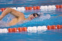 UT sophomore Ricky Berens took first  in the 500 yard freestyle with a time of 4:27.92.  The University of Texas Longhorns defeated The University of Georgia Bulldogs 157-135 on Saturday, January 12, 2008.

Filename: SRM_20080112_1206085.jpg
Aperture: f/2.8
Shutter Speed: 1/400
Body: Canon EOS-1D Mark II
Lens: Canon EF 300mm f/2.8 L IS