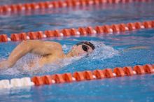 UT sophomore Ricky Berens took first  in the 500 yard freestyle with a time of 4:27.92.  The University of Texas Longhorns defeated The University of Georgia Bulldogs 157-135 on Saturday, January 12, 2008.

Filename: SRM_20080112_1206128.jpg
Aperture: f/2.8
Shutter Speed: 1/400
Body: Canon EOS-1D Mark II
Lens: Canon EF 300mm f/2.8 L IS