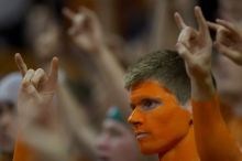 Dane Ehlert shows his school spirit before the Kansas basketball game.  The University of Texas (UT) Longhorns defeated the University of Kansas Jayhawks 72-69 in Austin, Texas on Monday, February 11, 2008.

Filename: SRM_20080211_1958481.jpg
Aperture: f/2.8
Shutter Speed: 1/640
Body: Canon EOS 20D
Lens: Canon EF 300mm f/2.8 L IS