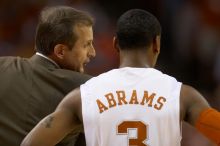 UT head coach Rick Barnes talks to UT junior A.J. Abrams (#3, G) on the sideline.  The University of Texas (UT) Longhorns defeated the University of Kansas Jayhawks 72-69 in Austin, Texas on Monday, February 11, 2008.

Filename: SRM_20080211_2034083.jpg
Aperture: f/2.8
Shutter Speed: 1/640
Body: Canon EOS 20D
Lens: Canon EF 300mm f/2.8 L IS