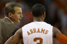 UT head coach Rick Barnes talks to UT junior A.J. Abrams (#3, G) on the sideline.  The University of Texas (UT) Longhorns defeated the University of Kansas Jayhawks 72-69 in Austin, Texas on Monday, February 11, 2008.

Filename: SRM_20080211_2034105.jpg
Aperture: f/2.8
Shutter Speed: 1/640
Body: Canon EOS 20D
Lens: Canon EF 300mm f/2.8 L IS