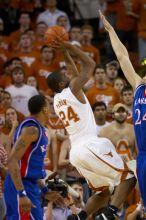 The University of Texas (UT) Longhorns defeated the University of Kansas Jayhawks 72-69 in Austin, Texas on Monday, February 11, 2008.

Filename: SRM_20080211_2042289.jpg
Aperture: f/2.8
Shutter Speed: 1/640
Body: Canon EOS 20D
Lens: Canon EF 300mm f/2.8 L IS