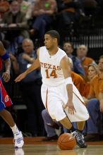 UT junior A.J. Abrams (#3, G) playing defense against a Kansas player.  The University of Texas (UT) Longhorns defeated the University of Kansas Jayhawks 72-69 in Austin, Texas on Monday, February 11, 2008.

Filename: SRM_20080211_2045169.jpg
Aperture: f/2.8
Shutter Speed: 1/640
Body: Canon EOS 20D
Lens: Canon EF 300mm f/2.8 L IS