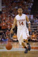 UT junior A.J. Abrams (#3, G) playing defense against a Kansas player.  The University of Texas (UT) Longhorns defeated the University of Kansas Jayhawks 72-69 in Austin, Texas on Monday, February 11, 2008.

Filename: SRM_20080211_2134082.jpg
Aperture: f/2.8
Shutter Speed: 1/640
Body: Canon EOS-1D Mark II
Lens: Canon EF 80-200mm f/2.8 L